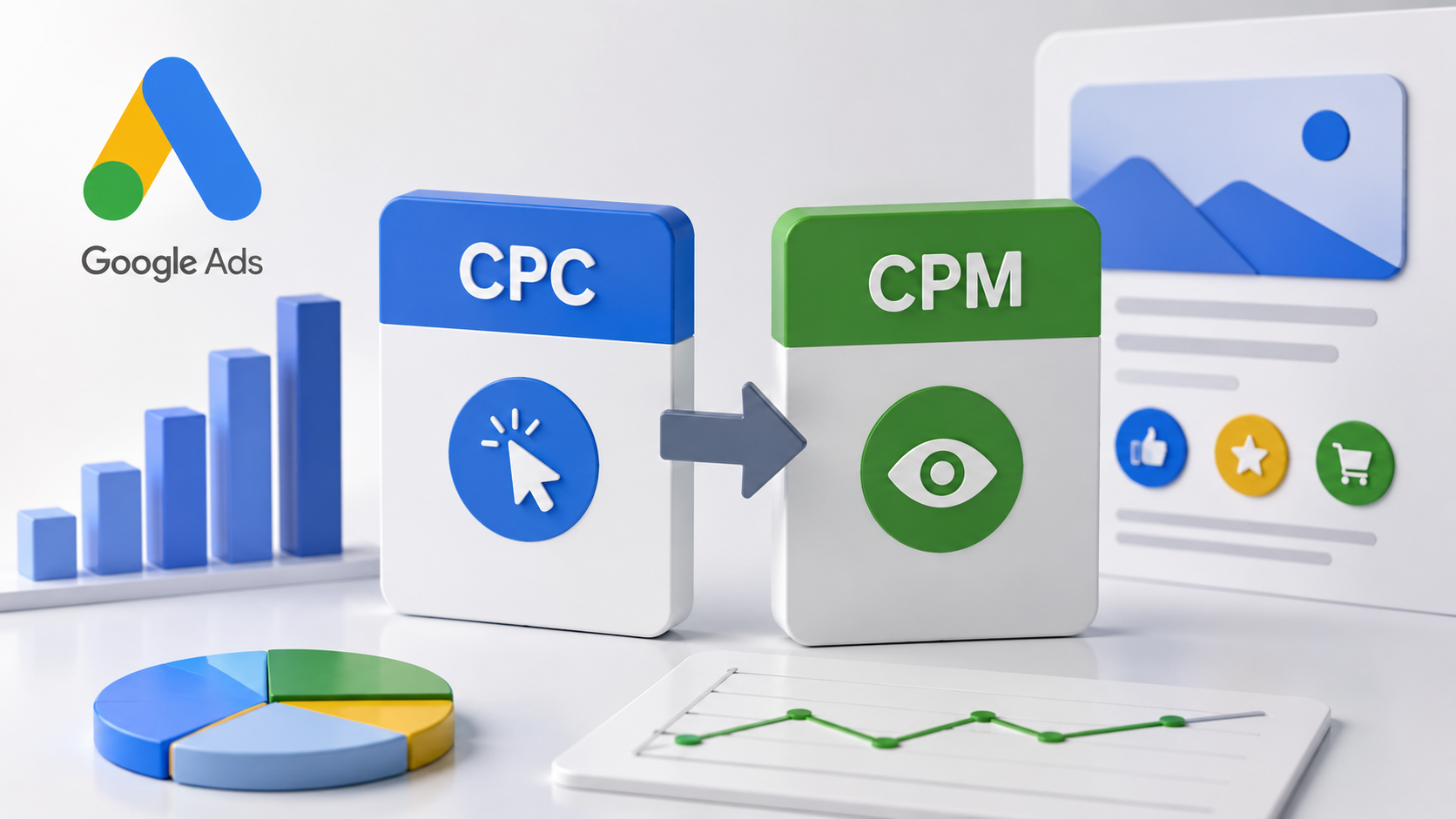 ```json
{
  "alt": "Illustration of Google Ads with CPC and CPM concepts, bar chart, pie chart, and web page graphic.",
  "caption": "Exploring Google Ads: Delve into the dynamics of CPC and CPM, visualized with charts and a web page graphic for deeper insights.",
  "description": "A visual illustration featuring Google Ads concepts of CPC (Cost Per Click) and CPM (Cost Per Thousand Impressions). The image includes a bar chart and pie chart to represent data insights. An arrow connects CPC and CPM icons, symbolizing transition or comparison. A graphical representation of a web page with icons completes the setting. Keywords: Google Ads, CPC, CPM, digital marketing, data visualization."
}
```