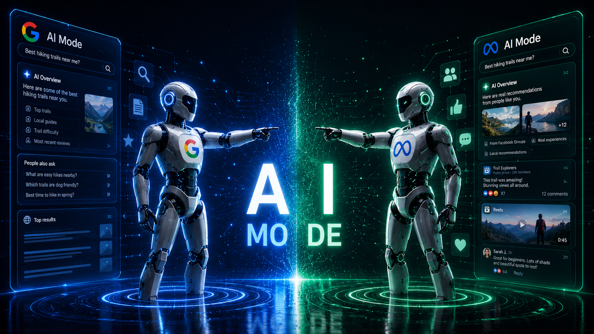 ```json
{
  "alt": "Two AI robots representing Google and Meta face each other, with AI Mode interfaces showing hiking trail searches.",
  "caption": "In the digital arena of AI, Google and Meta's robots face off, exploring the best hiking trails through futuristic interfaces.",
  "description": "The image depicts two futuristic AI robots, one with Google's logo and the other with Meta's logo, positioned in a digital landscape. They point at each other over the words 'AI Mode', symbolizing a comparison or duel. On either side are interfaces displaying similar hiking trail search results, suggesting AI's role in enhancing digital experiences. The scene is rich with technology themes, highlighting innovation and competition in artificial intelligence."
}
```