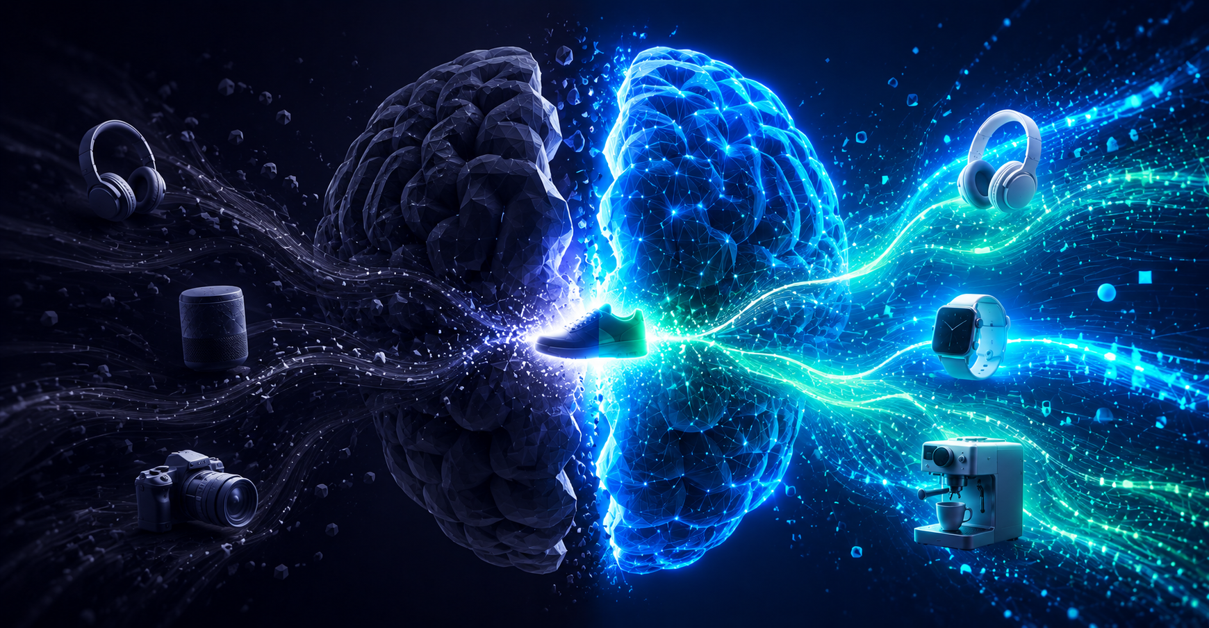 ```json
{
  "alt": "Futuristic digital brain split, surrounded by modern gadgets like headphones, smartwatch, and camera.",
  "caption": "A digital brain visualizes the intersection of technology and human creativity, surrounded by futuristic gadgets.",
  "description": "This digital artwork presents a futuristic brain split into two distinct hemispheres. On one side, elements represented in dark hues merge with gadgets like headphones, a camera, and a smart speaker, symbolizing creativity and innovation. The opposite hemisphere is illuminated with vibrant blue light, featuring items such as a smartwatch, headphones, and a coffee machine, representing technology's influence on everyday life. A sneaker is centered to unify the contrasting themes, illustrating the balance between technology and human ingenuity."
}
```