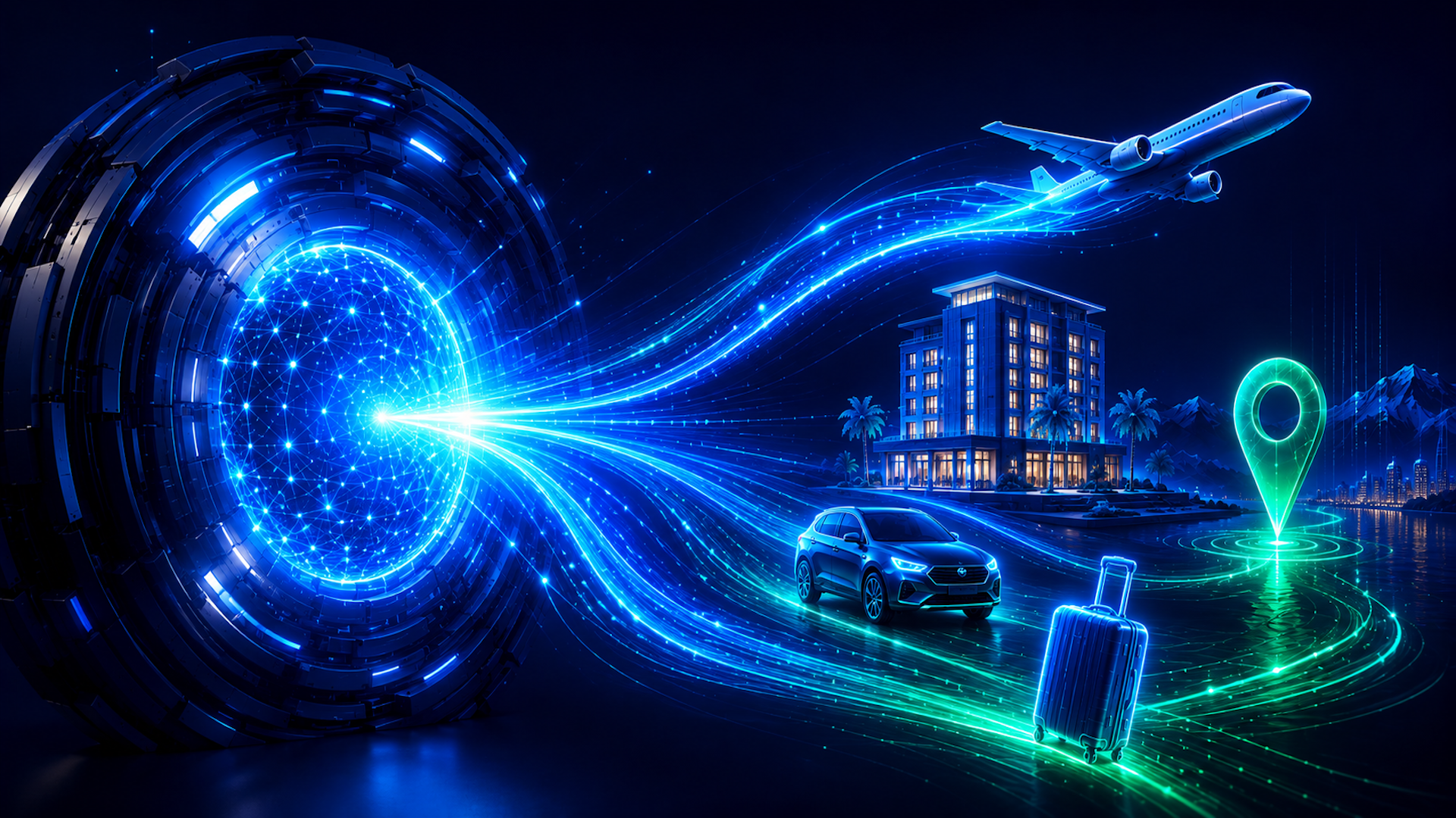 ```json
{
  "alt": "Futuristic travel concept with digital portal, car, airplane, hotel, and suitcase.",
  "caption": "Embark on a journey through a digital realm where virtual meets reality, featuring advanced travel innovations and futuristic travel destinations.",
  "description": "This image depicts a futuristic travel scenario with a glowing digital portal leading to modern elements like a car, airplane, hotel, and suitcase. Set against a dark blue background, the scene is illuminated with vibrant neon lines, symbolizing advanced technology and seamless connectivity, creating a vision of future travel possibilities."
}
```