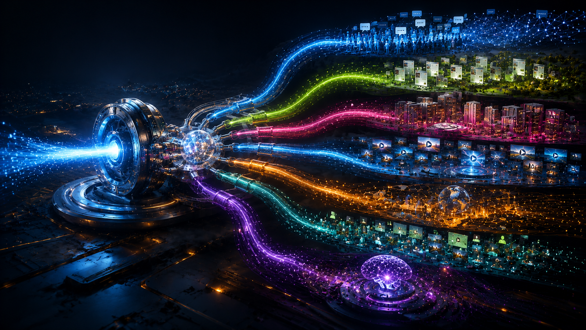 ```json
{
"alt": "Futuristic machine with glowing colored streams connecting to digital cityscapes and networks.",
"caption": "In a dazzling display of futuristic technology, a central machine disperses vibrant data streams to virtual cityscapes, symbolizing interconnected digital networks.",
"description": "This digital artwork features a futuristic machine at the center emitting bright, glowing streams in multiple colors. Each stream branches out to connect various digital landscapes, including cityscapes, networks, and virtual interfaces. The composition suggests themes of data flow, connectivity, and advanced technology, with a dark background enhancing the luminescent effect. This image encapsulates the essence of a hyper-connected digital future."
}
```