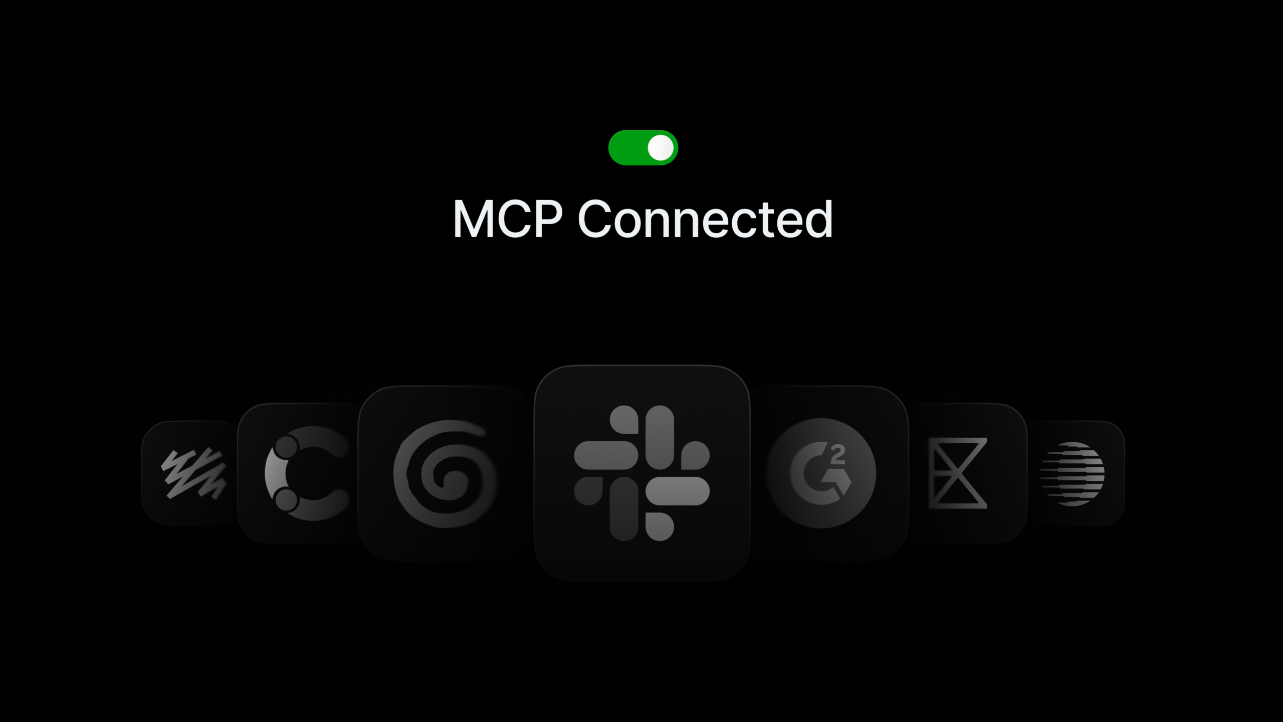 ```json
{
  "alt": "Dark interface showing an MCP Connected message with various app icons below.",
  "caption": "Stay seamlessly connected with MCP as various apps come together in this sleek interface.",
  "description": "This image depicts a dark-themed interface with the message 'MCP Connected' illuminated by a green toggle switch above it. Below the message, various app icons are displayed, suggesting a digital ecosystem. The design is minimalistic, emphasizing connectivity and integration in a modern tech environment. Keywords: MCP, connectivity, app icons, digital interface."
}
```