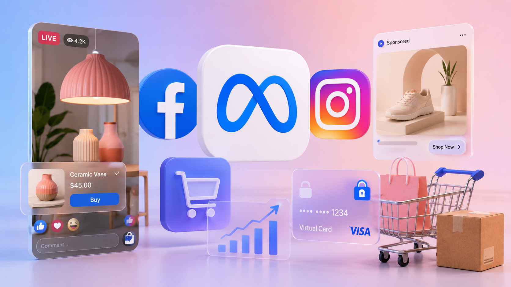 ```json
{
  "alt": "Digital shopping interface with Meta, Facebook, and Instagram logos, showing e-commerce elements like shopping carts and payment icons.",
  "caption": "Explore the future of e-commerce with digital platforms integrating Meta, Facebook, and Instagram for seamless shopping experiences.",
  "description": "The image showcases a digital shopping interface incorporating Meta, Facebook, and Instagram logos. It depicts an engaging e-commerce environment with elements such as a ceramic vase and sneaker ads, shopping cart, and payment icons, representing online consumerism. The vibrant background and 3D elements emphasize the integration of social media and digital shopping, highlighting the evolution of online retail through social platforms."
}
```