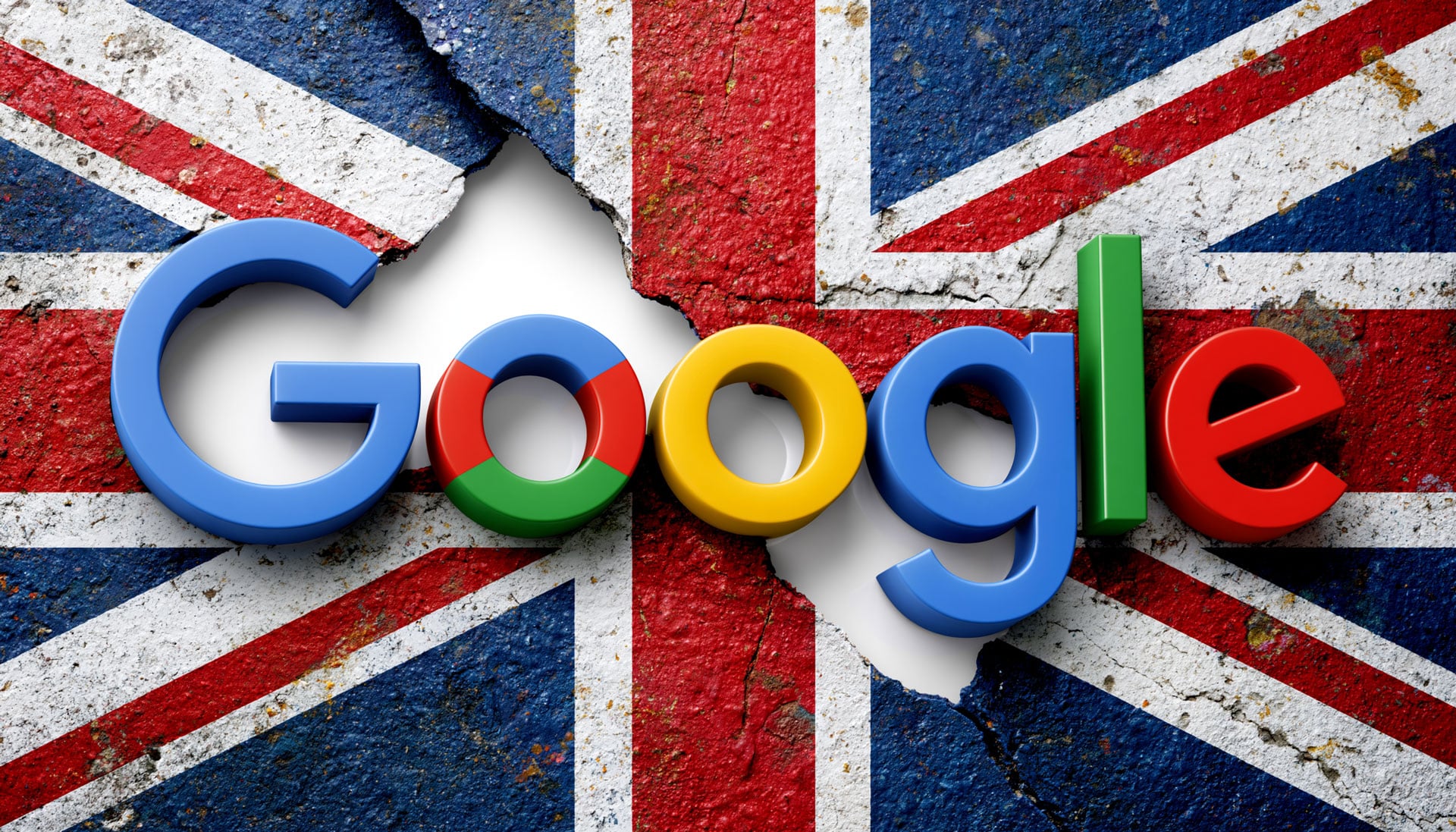 ```json
{
  "alt": "Google logo on a cracked Union Jack flag background.",
  "caption": "A vivid clash of digital and traditional, the iconic Google logo stands boldly against the weathered Union Jack, invoking a blend of tech innovation with British heritage.",
  "description": "The image features the Google logo prominently placed over a background of the Union Jack flag, which appears cracked and weathered. This juxtaposition highlights the intersection of modern technology and traditional British culture. The 3D rendering of the logo adds depth, while the textured flag evokes themes of change and resilience. Ideal for discussions on globalization and digital impact."
}
```