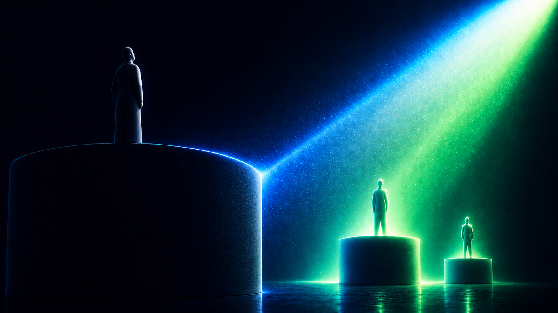 ```json
{
  "alt": "Silhouetted figures on pedestal stages under bright green and blue lights against a dark background.",
  "caption": "In a world of contrasts, stand tall on your platform and let your light shine. Each figure stands illuminated, symbolizing the pursuit of dreams.",
  "description": "This striking image features three silhouetted figures standing on separate cylindrical pedestals, illuminated by dramatic green and blue rays of light. The background is a deep, rich black, creating a stark contrast that highlights the figures' outlines. The scene expresses themes of individuality, achievement, and aspiration, with each figure seeming to reach toward the light. Perfect for themes related to ambition, leadership, and self-discovery."
}
```