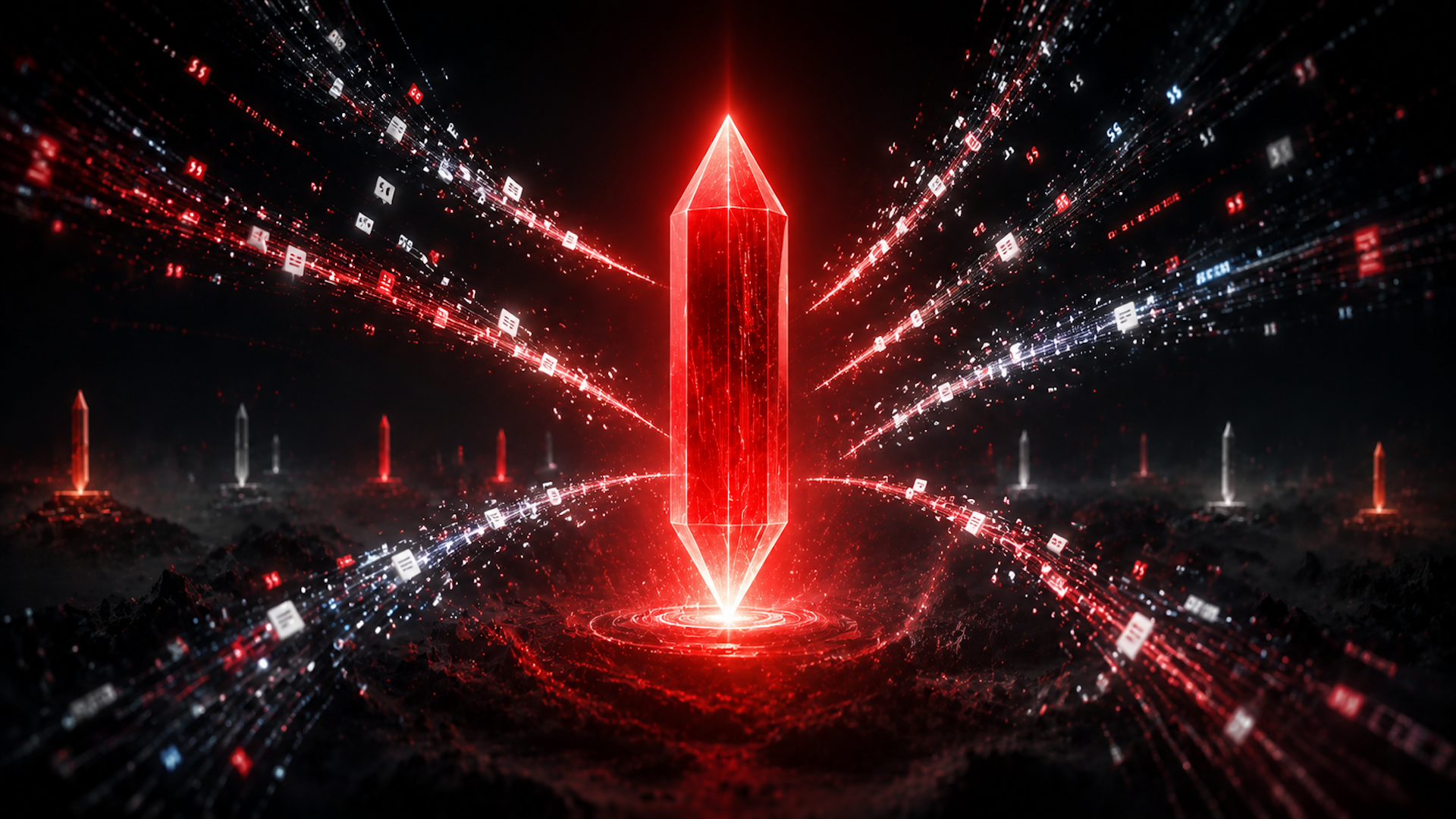 ```json
{
  "alt": "Futuristic red crystal with glowing digital patterns in a dark landscape",
  "caption": "A mesmerizing vision of a radiant red crystal amidst swirling streams of digital energy in a mysterious, dark landscape.",
  "description": "This image features a central, towering red crystal emitting a bright glow, set against a dark backdrop. Surrounding the crystal are streams of digital particles, creating dynamic patterns that suggest movement and energy. The scene conveys a futuristic and mystical atmosphere, hinting at advanced technology and otherworldly power. Perfect for themes involving sci-fi, digital art, or energy concepts."
}
```