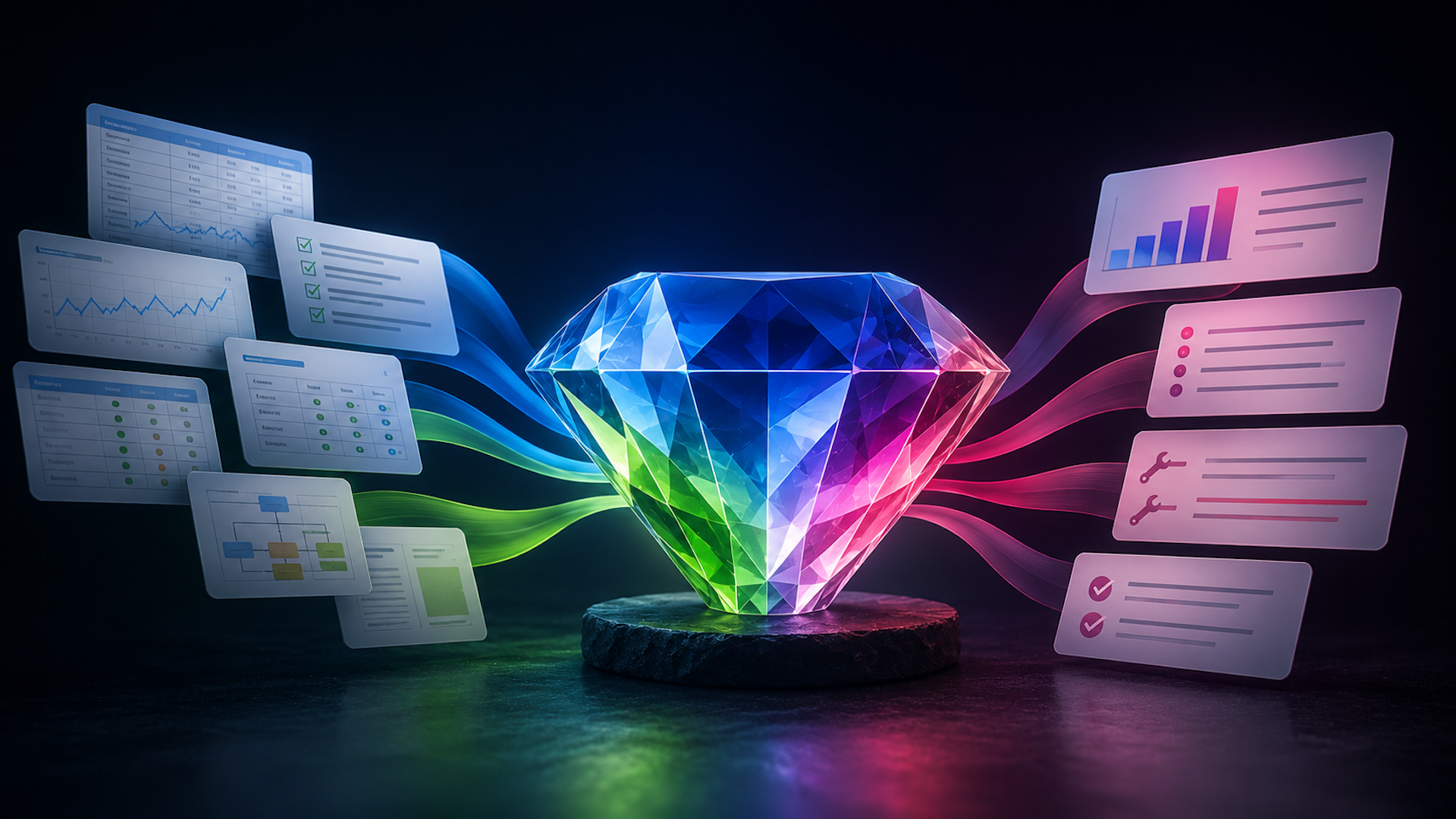 ```json
{
  "alt": "A multifaceted gemstone surrounded by digital charts on a dark background.",
  "caption": "A radiant gemstone symbolizes data synthesis as colorful digital graphs and charts orbit its brilliance.",
  "description": "The image depicts a vibrant, multifaceted gemstone at the center, radiating colorful light, surrounded by floating digital charts and graphs. These charts illustrate data analysis and patterns, symbolizing the integration and transformation of information. The dark background enhances the vivid colors and highlights the gemstone's central role in synthesizing data. Keywords: gemstone, data visualization, digital charts, information synthesis."
}
```