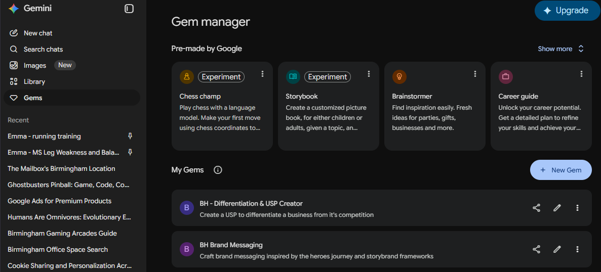 ```json
{
  "alt": "Gem manager interface showing experiments like Chess champ, Storybook, Brainstormer, and Career guide.",
  "caption": "Explore the Gem Manager: A creative hub with experiments like Chess champ and Storybook, designed to spark inspiration and innovation.",
  "description": "The image displays the Gem Manager interface, highlighting various experiments such as Chess champ, Storybook, Brainstormer, and Career guide. Each card describes the purpose of the experiment, offering users diverse ways to engage their creativity. The interface features a sleek design with a dark theme, providing options to create and manage personal projects. Keywords: Gem Manager, experiments, creativity, interface, Google."
}
```