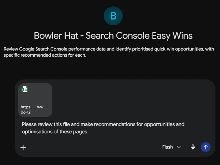 ```json
{
  "alt": "Screen displaying Bowler Hat - Search Console Easy Wins presentation with a file review prompt.",
  "caption": "Dive into Google's performance data with Bowler Hat's 'Search Console Easy Wins' and turn insights into actions!",
  "description": "The image presents a slide from the 'Bowler Hat - Search Console Easy Wins' presentation. It prompts the review of a file, labeled as an Excel document, for making recommendations on opportunities and optimizations using Google Search Console data. The slide includes instructions to identify quick-win opportunities with specific recommended actions. The interface suggests a focus on performance improvements and strategic insights drawn from the analysis."
}
```