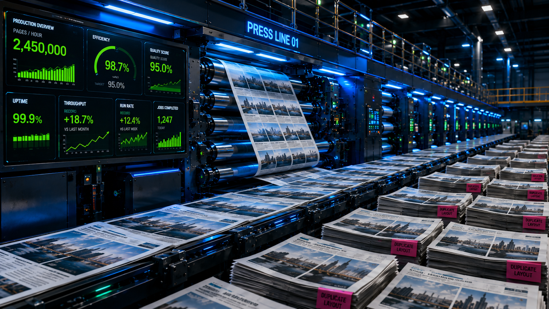 ```json
{
  "alt": "Modern printing press producing newspapers with performance metrics displayed on digital screens.",
  "caption": "Witness the efficiency of a high-tech printing press as it produces newspapers at remarkable speeds, with performance metrics showcasing its precision and capability.",
  "description": "This image captures a state-of-the-art printing press operating in a large facility, producing newspapers. The scene is highlighted by digital screens showcasing performance metrics, including pages per hour, efficiency, and quality score. With a sleek, modern design and high-tech equipment, this industrial scene illustrates the advanced technology and efficiency achieved in modern print production. Keywords: high-tech printing, newspapers, industrial technology, efficiency."
}
```