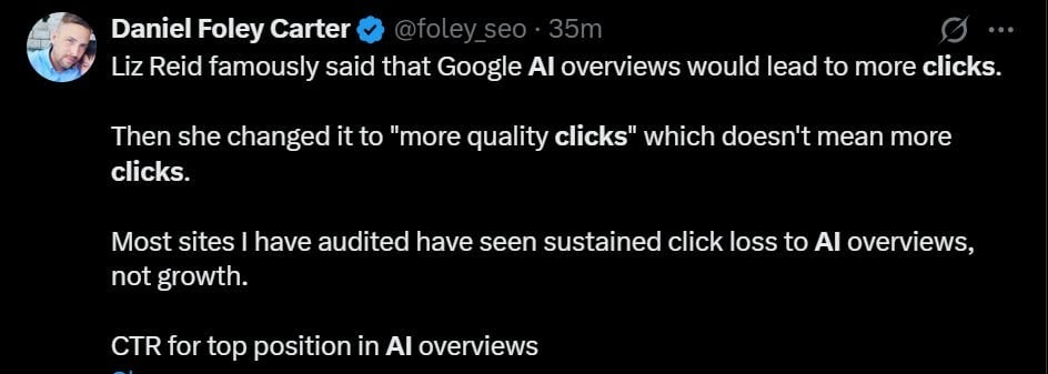 ```json
{
  "alt": "Tweet discussing Google AI and its impact on click rates, mentioning changes by Liz Reid.",
  "caption": "Discussion on the evolving narrative of Google AI's effect on website clicks, highlighting industry observations.",
  "description": "This tweet by Daniel Foley Carter highlights a statement by Liz Reid regarding the influence of Google AI overviews on click rates. It discusses the modification in language from increasing clicks to more quality clicks, and mentions observations from website audits indicating click reduction. The tweet addresses city users concerned with SEO changes and digital marketing trends."
}
```
