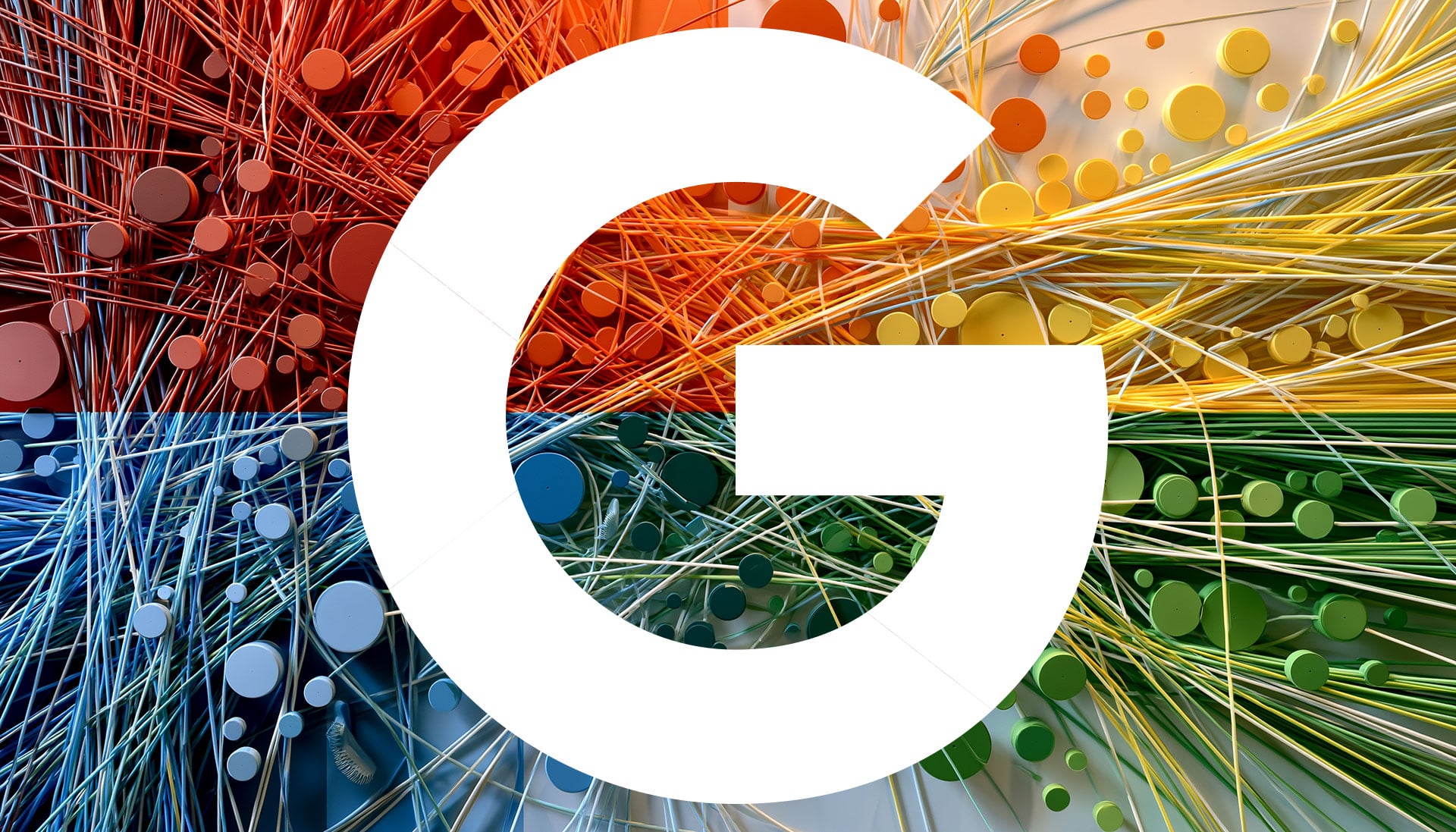 ```json
{
  "alt": "Large white G over colorful abstract design with circles and lines.",
  "caption": "Vibrant abstraction meets iconic design with the stylized letter G set against an intricate array of colorful circles and lines.",
  "description": "This image features a large, stylized white letter 'G' placed over a dynamic abstract background made of overlapping lines and circles in red, blue, yellow, and green hues. The artistic composition blends modern design elements with vibrant colors, creating an engaging visual experience. Ideal for themes related to technology, creativity, and design."
}
```