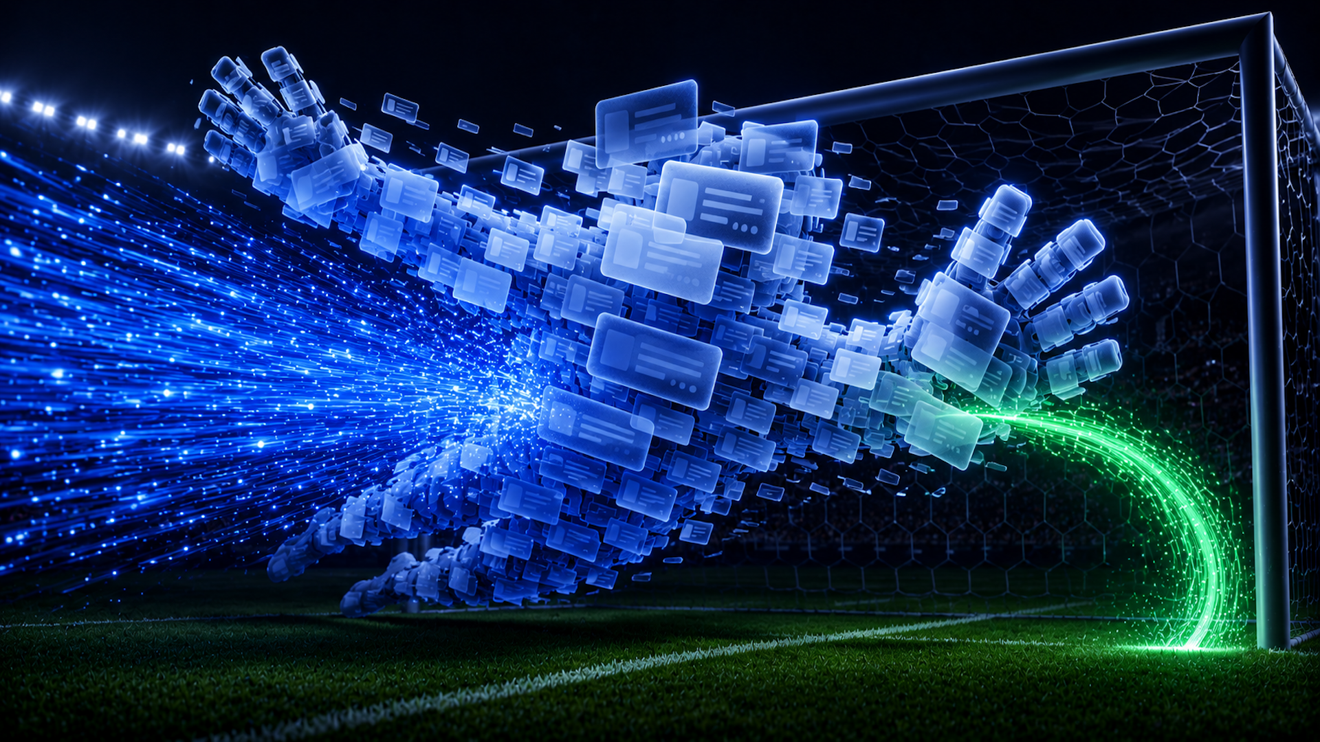 ```json
{
  "alt": "Digital figure composed of data blocks resembling a goalkeeper, diving to make a save in front of a glowing soccer goal.",
  "caption": "In a futuristic stadium, a digital goalkeeper made of data blocks leaps to intercept a glowing green soccer ball, merging sports with technology.",
  "description": "This dynamic image captures a digital figure, crafted from numerous data blocks, positioned as a goalkeeper leaping to save a stream of energy in the form of a soccer ball. The scene is illuminated by a vivid neon green glow emanating from the energy ball. The background features the iconic frame of a soccer goal with netting, set on a pitch under bright stadium lights. Perfectly melding technology with sports, this image is apt for themes of innovation, digital evolution, and the merging of traditional athletics with modern technology."
}
```