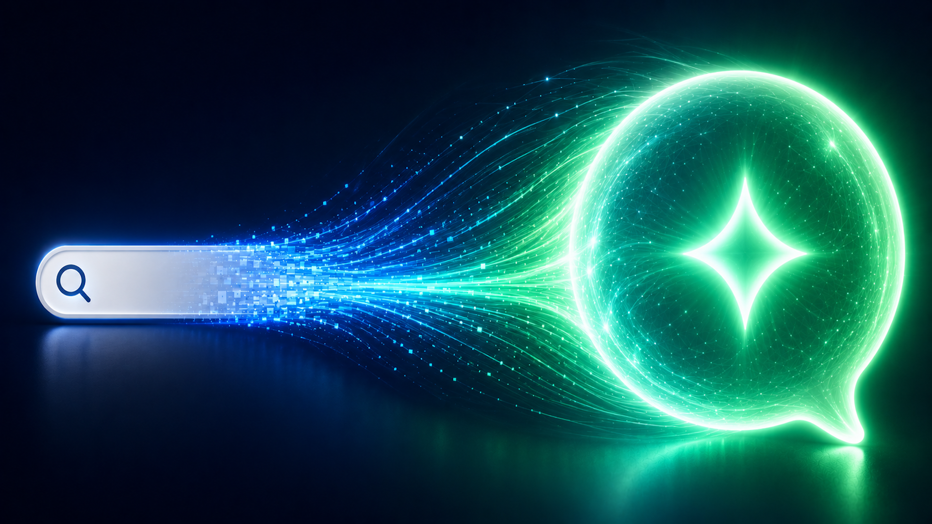 ```json
{
  "alt": "Glowing search bar emits digital particles transforming into a luminous speech bubble.",
  "caption": "Witness the digital magic as a glowing search bar evolves into a vibrant speech bubble, symbolizing connection and knowledge.",
  "description": "This image features a bright, glowing search bar on the left, emitting streams of digital particles flowing into a large, luminous speech bubble on the right. Set against a dark background, the green and blue hues create a futuristic and technological feel. The light effects suggest themes of communication, information exchange, and innovation. Ideal for tech-related content and presentations, this image showcases the transformative power of digital tools."
}
```