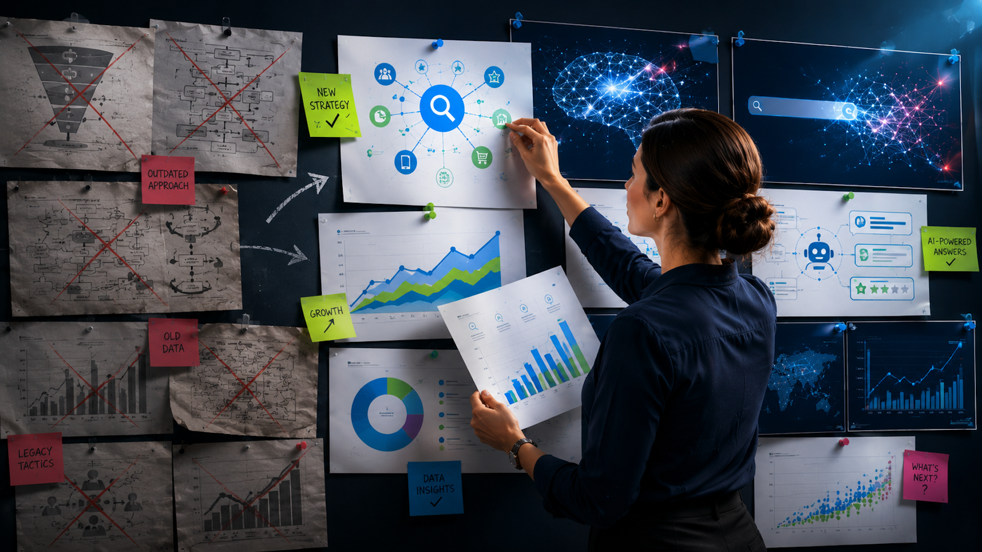 ```json
{
  "alt": "Woman analyzing data charts on a wall, surrounded by notes on new strategies and AI-powered insights.",
  "caption": "Amidst charts and sticky notes, a woman meticulously examines data, heralding a shift to innovative strategies and AI-driven insights for growth.",
  "description": "A woman stands before a wall filled with data charts and flowcharts, some marked with red Xs and labeled as outdated. New strategy sticky notes indicate a pivot to modern, AI-powered methods. The environment suggests data analysis and strategic planning, highlighting themes of innovation, technology, and growth. The image conveys a modern, dynamic workplace atmosphere where old and new methods intersect."
}
```