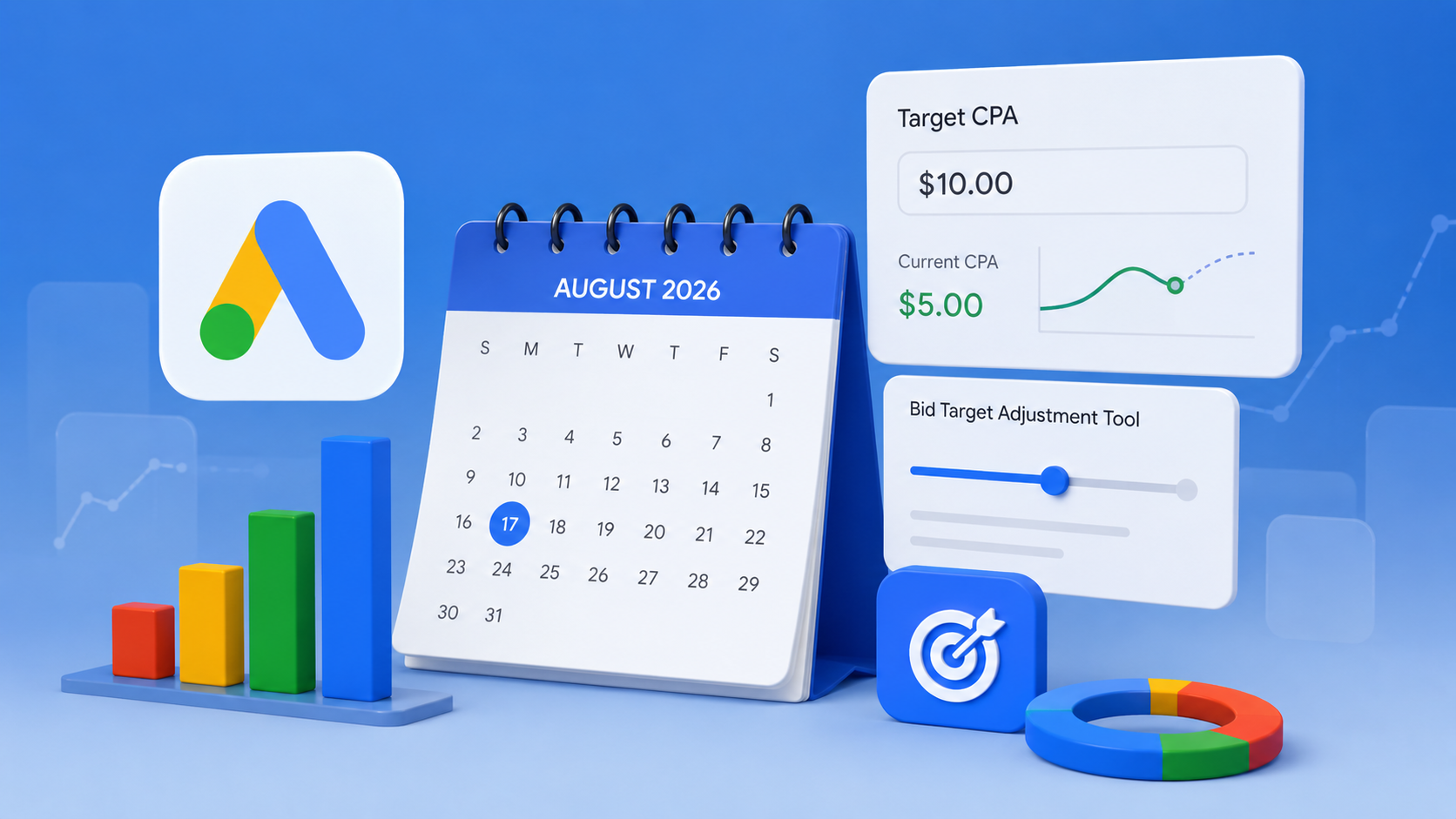 ```json
{
  "alt": "Digital marketing concept with a calendar showing August 2026, Google Ads icon, and graphs illustrating CPA adjustments.",
  "caption": "Navigate your marketing strategy with Google Ads: Track your CPA improvements with visual tools and timely adjustments.",
  "description": "A 3D illustration showcasing digital marketing tools, featuring a calendar set to August 2026, a Google Ads icon, and various visual elements like graphs and charts. The image highlights cost-per-acquisition (CPA) strategies, with a comparison between target and current CPA, and includes elements like a bar graph, a donut chart, and a target symbol, all in a tech-themed blue background. Ideal for articles or content about digital marketing strategies, data analysis, and PPC management."
}
```