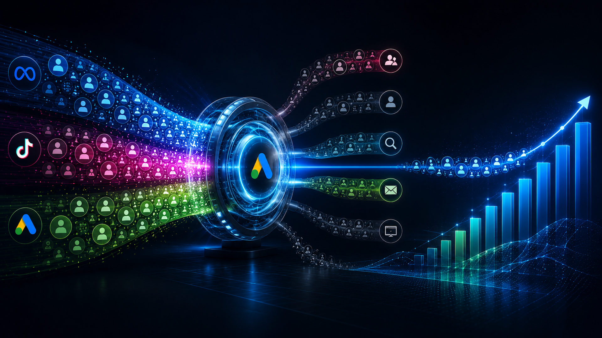 ```json
{
  "alt": "Digital marketing concept with interconnected platforms and increasing graph.",
  "caption": "Explore the dynamic world of digital marketing, where interconnected platforms drive measurable growth.",
  "description": "The image depicts a digital marketing concept with a central hub representing connectivity among major platforms like TikTok and Google Ads. Flowing data streams symbolize user engagement, leading to a rising bar graph indicating growth. This visualization highlights the integration and analytics potential in digital marketing strategies. Keywords: digital marketing, growth, analytics, social media, data."
}
```