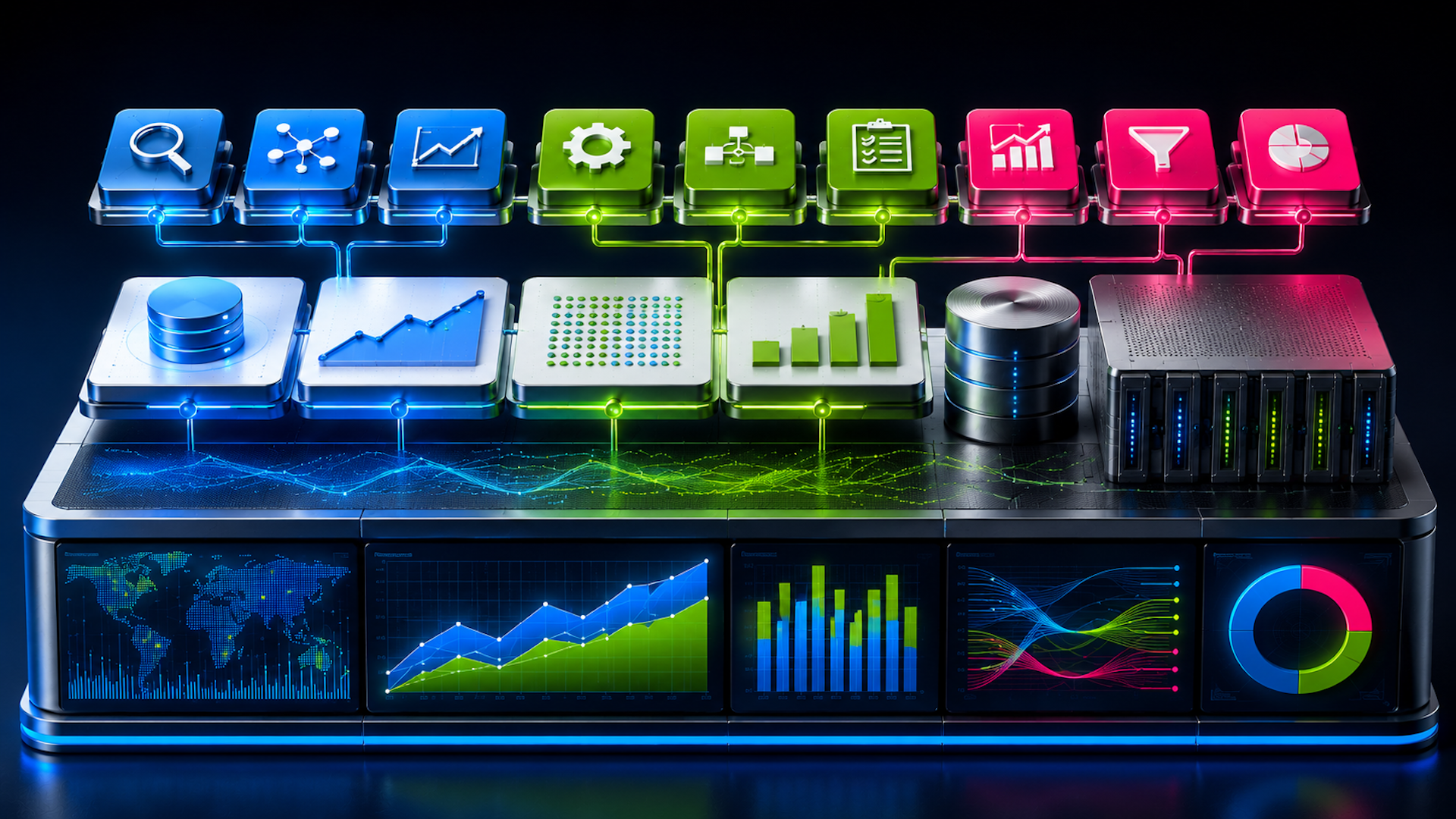 ```json
{
"alt": "Futuristic dashboard with colorful data icons and charts on a dark background.",
"caption": "Explore the luminous world of data analytics with this futuristic dashboard, where vibrant icons and charts illustrate complex data processes in a sleek interface.",
"description": "This image portrays a futuristic data analytics dashboard set against a dark background. The interface features vibrant color-coded icons such as databases, gears, charts, and graphs, interconnected by glowing lines. Below these icons, a series of digital screens display various graphical data representations, including world maps, line graphs, bar charts, and pie charts. The visual design emphasizes modern technology, data processing, and digital innovation, ideal for illustrating concepts of big data and analytics."
}
```