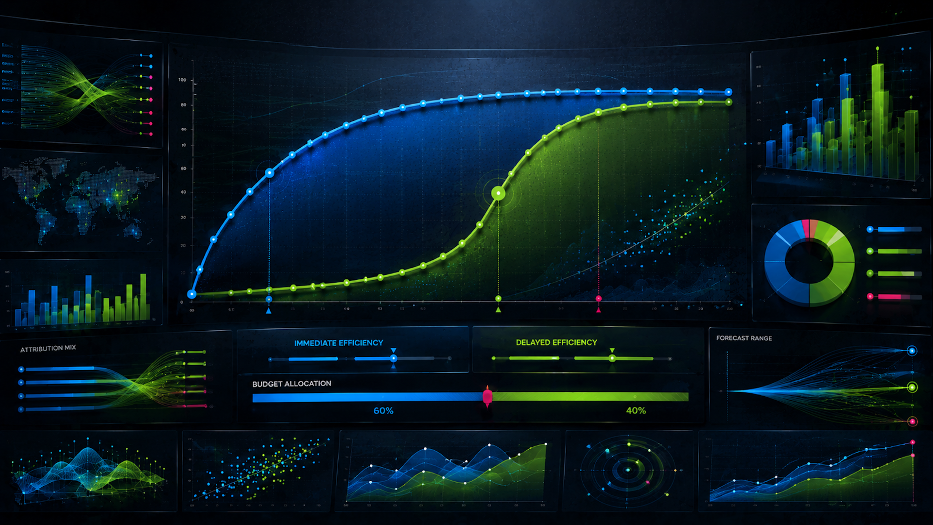 ```json
{
  "alt": "Colorful dashboard with graphs, bar charts, and data visualizations in blue and green tones.",
  "caption": "Explore the dynamic world of data with this vibrant dashboard visualization, featuring interactive graphs and bar charts in striking colors.",
  "description": "The image showcases a sophisticated dashboard filled with various data visualizations, including line graphs, bar charts, pie charts, and a world map. Dominated by blue and green tones, it highlights immediate and delayed efficiency metrics, budget allocation, and trend forecasts. This visually engaging interface is perfect for data-driven presentations, providing a modern, analytic aesthetic."
}
```