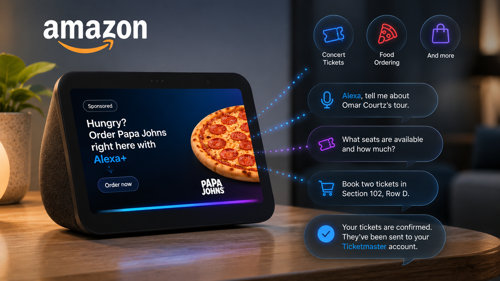 ```json
{
  "alt": "Amazon Echo Show displaying Papa John's ad and Alexa commands for ordering food and buying concert tickets.",
  "caption": "Explore the convenience of the Amazon Echo Show, showcasing quick pizza orders and concert tickets through Alexa's seamless voice commands.",
  "description": "This image features an Amazon Echo Show on a wooden surface displaying a Papa John's pizza advertisement. Beside it, a series of Alexa voice command examples are shown, illustrating functions like ordering food and purchasing concert tickets. The background includes faintly lit plants and furniture, creating a cozy atmosphere. Keywords: Amazon Echo Show, Alexa, smart home, voice command, Papa John's, concert tickets."
}
```