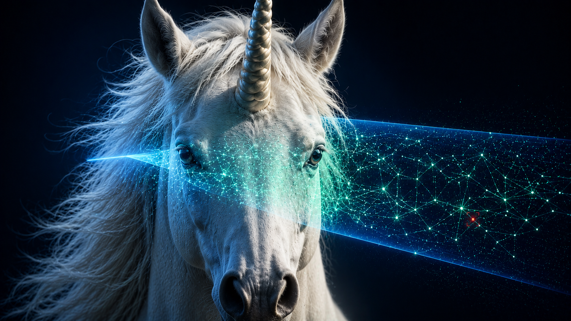 ```json
{
  "alt": "A white unicorn with glowing, blue digital network beams coming from its eyes.",
  "caption": "Unleash the magic of the digital age with this captivating unicorn merging fantasy and technology through its glowing digital vision.",
  "description": "This image features a majestic white unicorn with a radiant horn against a dark background. The unicorn's eyes emit glowing blue beams that form an intricate digital network pattern, symbolizing the fusion of mythical fantasy with modern technology. The ethereal glow and detailed network design make this image perfect for themes involving innovation, creativity, and magical realism."
}
```