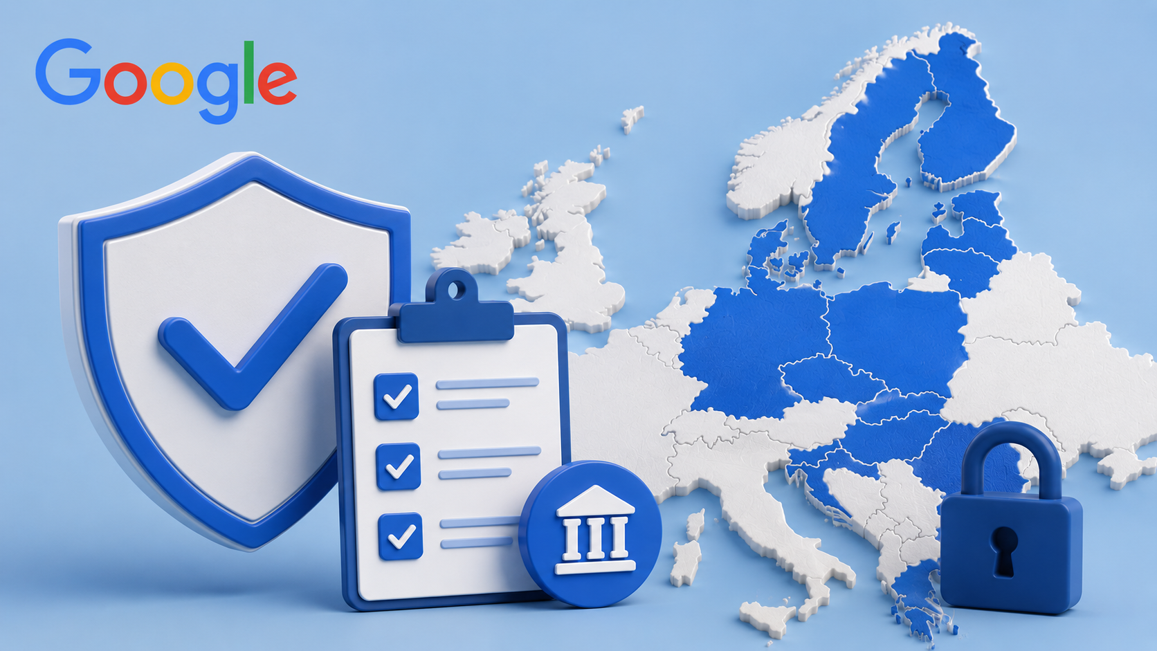 ```json
{
  "alt": "3D illustration of a shield, checklist, and lock against a map of Europe with Google logo.",
  "caption": "Explore Google's commitment to European data security with symbolic 3D graphics of a shield, checklist, and padlock overlaying a map.",
  "description": "This image features a 3D illustration representing data security. A shield with a checkmark, a checklist, and a padlock are prominently displayed in front of a map of Europe, emphasizing security. The Google logo is visible in the top left corner. The map highlights European countries, symbolizing regional focus on data protection. This image underscores Google's dedication to privacy and compliance with European regulations."
}
```