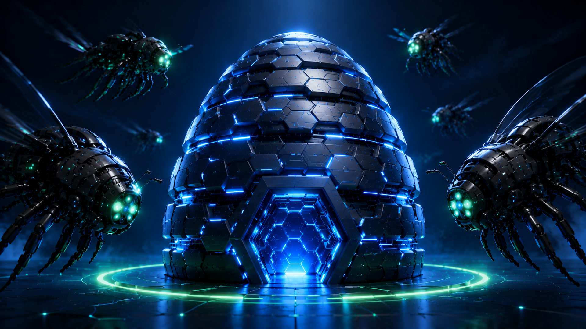 ```json
{
  "alt": "Futuristic metallic hive surrounded by robotic drones with glowing green lights in a dark, sci-fi environment.",
  "caption": "In a mesmerizing futuristic setting, a metallic hive structure is guarded by robotic drones, casting an eerie glow while hovering protectively.",
  "description": "This image portrays a sci-fi scene with a futuristic metallic hive structure in the center, emitting blue and green neon lights. Surrounding the hive are robotic drones with glowing green eyes, resembling cybernetic insects. The dark, atmospheric environment adds to the high-tech, futuristic aura, making it ideal for themes related to technology, robotics, or science fiction."
}
```