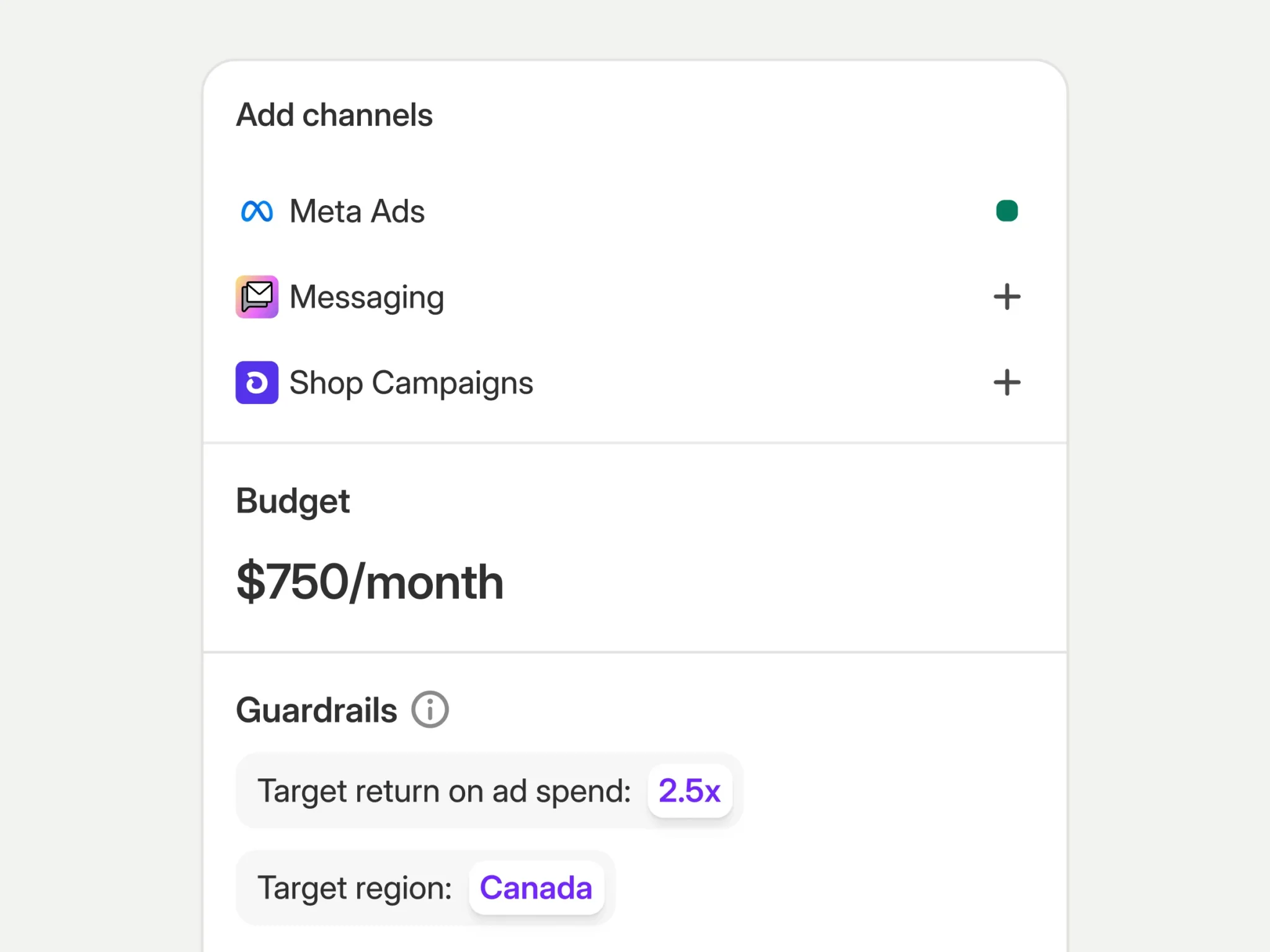 ```json
{
  "alt": "Marketing dashboard displaying channel options, budget of $750 per month, and guardrails with target region Canada.",
  "caption": "Streamline your ad strategy with a $750/month budget and focus on Canada, ensuring a 2.5x return on ad spend across multiple channels.",
  "description": "This marketing dashboard image shows options for adding channels such as Meta Ads, Messaging, and Shop Campaigns. The specified budget is $750 per month. The guardrails indicate a target return on ad spend of 2.5x and the target region is Canada. This setup aids in optimizing ad performance and focusing on specified markets, enhancing strategic marketing decisions."
}
```