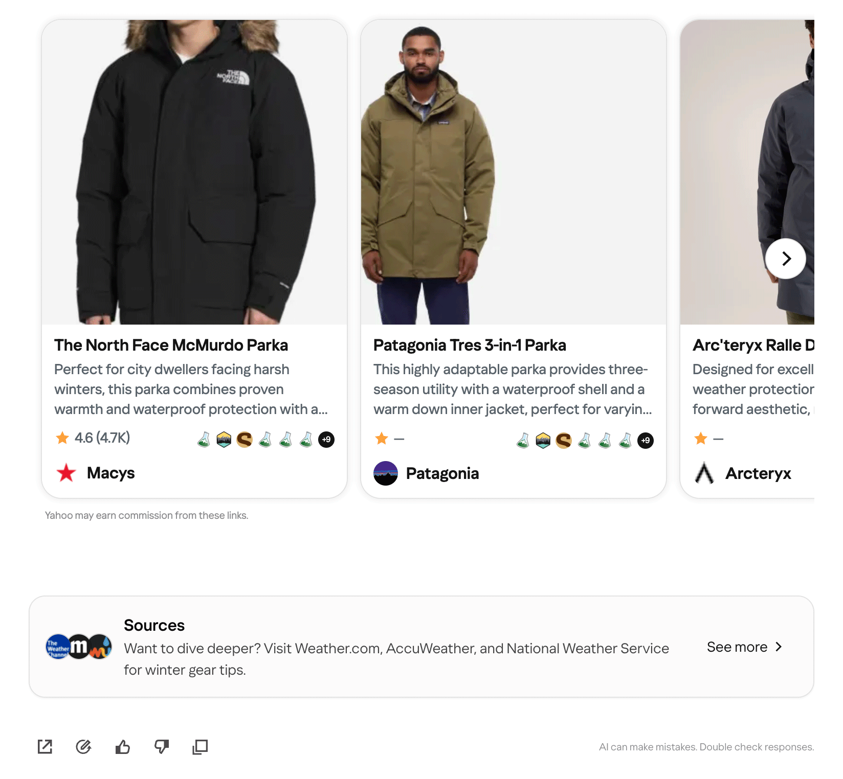 Yahoo Scout shopping results screenshot showing winter parka product cards, ratings, retailer logos and a sources panel for cold weather gear tips.
