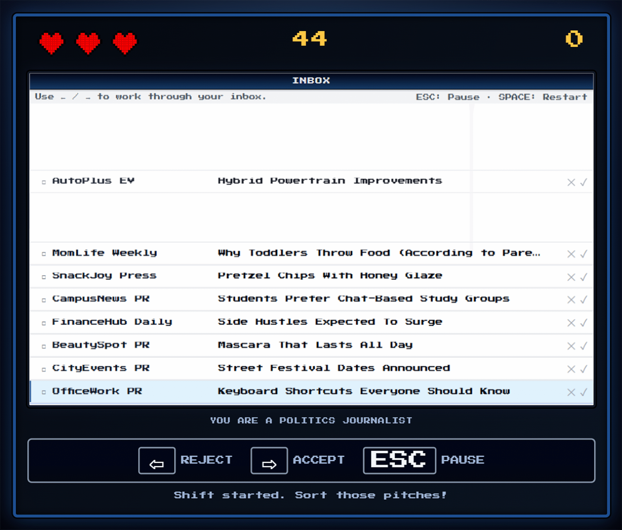 Pixel-art Inbox Hero game screen showing a journalist sorting email pitches with hearts, timer, score, and accept or reject controls.