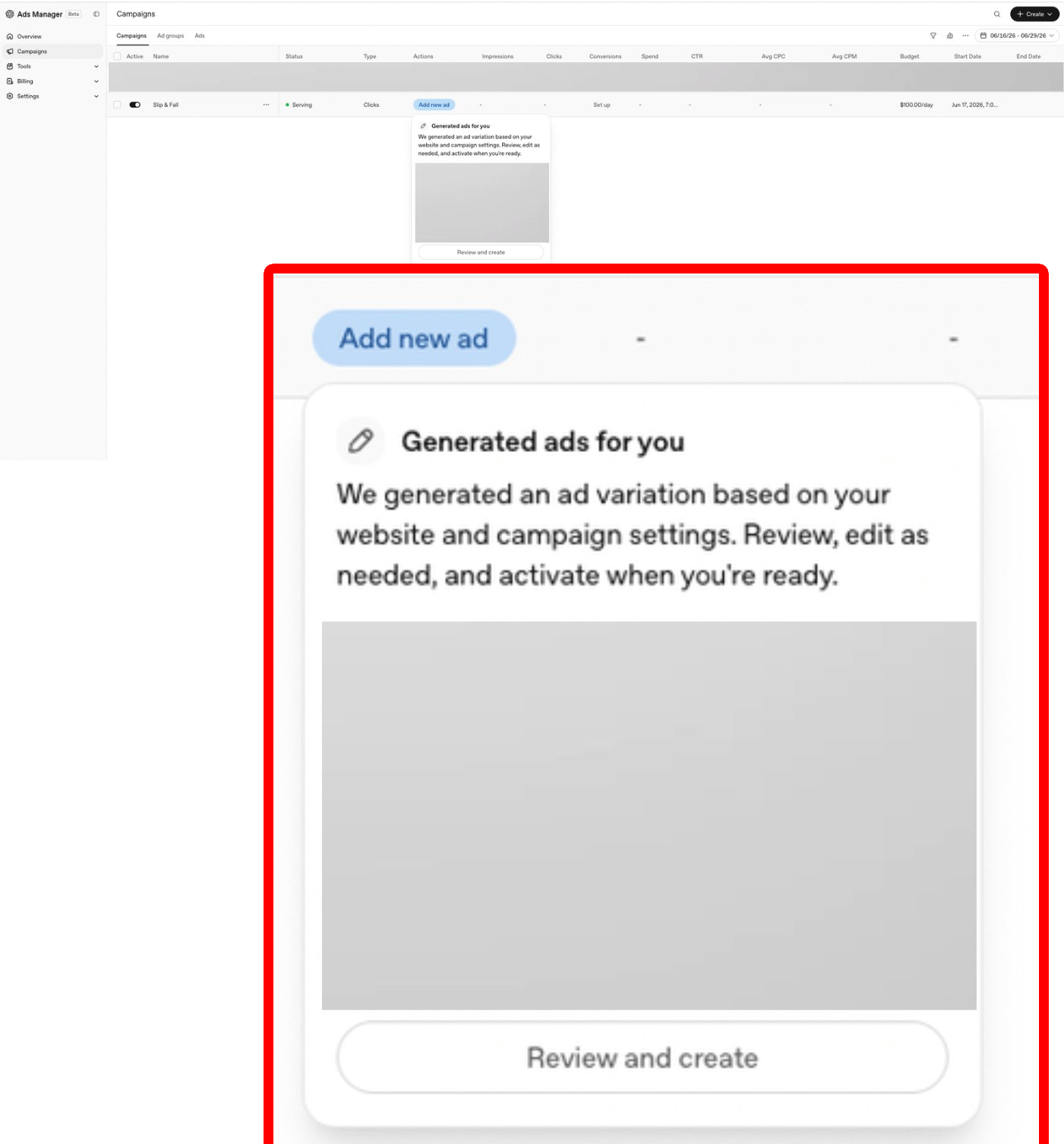 Screenshot of ChatGPT Ads Manager showing an Add new ad option and a generated ads card prompting users to review and create an AI ad variation.