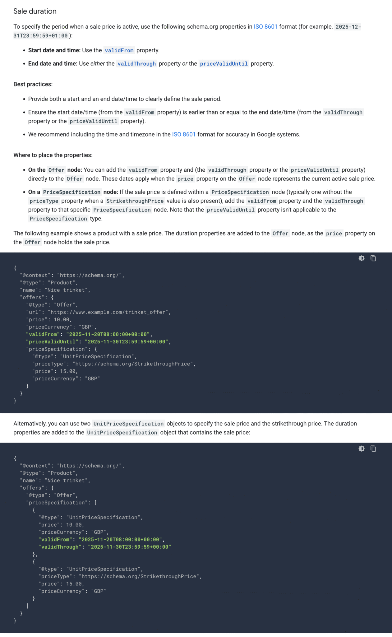 Screenshot of Google's merchant listing structured data documentation explaining sale duration properties with JSON-LD examples for validFrom and priceValidUntil.