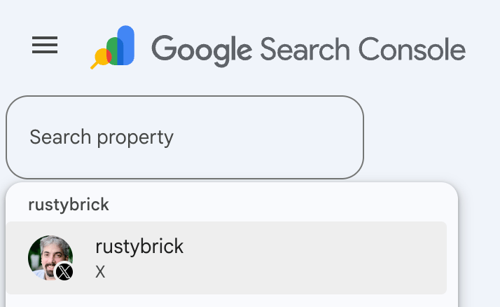 Google Search Console property selector showing a search field and an X platform profile option for the rustybrick account.