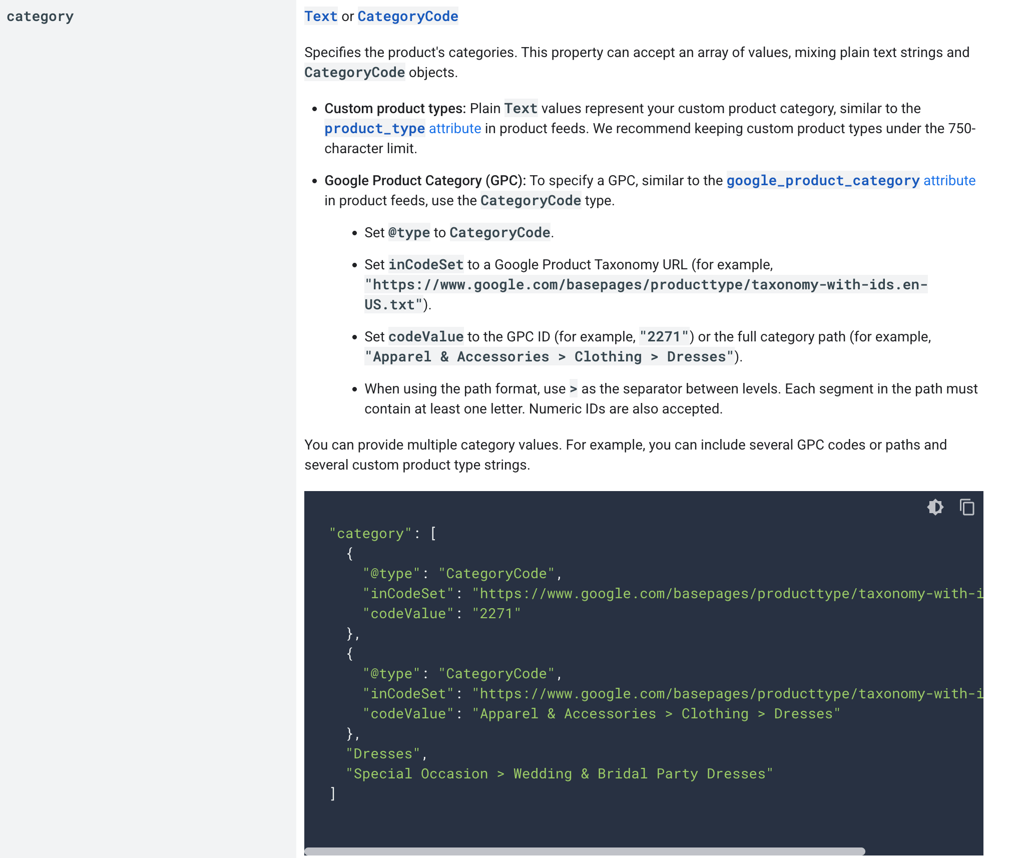 Google merchant listing documentation showing Product.category structured data with Text and CategoryCode examples.