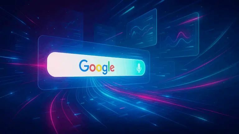 Neon Google search bar with microphone icon over a futuristic digital data background, representing search technology and SEO updates.