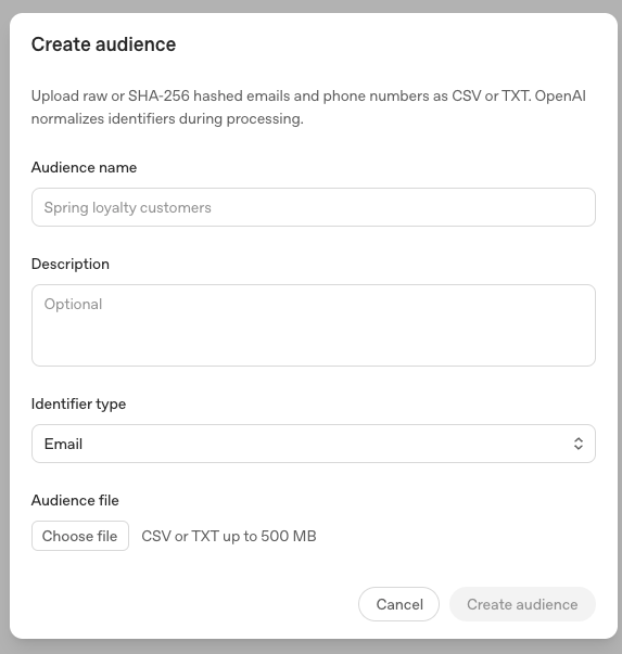 Create audience dialog in ChatGPT Ads for uploading email or phone customer lists as CSV or TXT files for ad targeting.