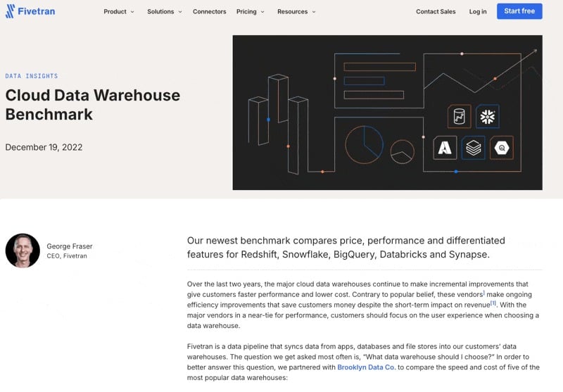 Screenshot of Fivetran's Cloud Data Warehouse Benchmark article with author George Fraser and data warehouse graphic.