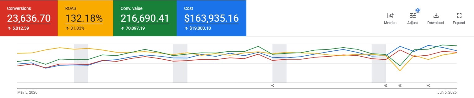 Google Ads performance dashboard showing conversions, ROAS, conversion value and cost with multi-line PPC trend chart from May 5 to June 5, 2026.