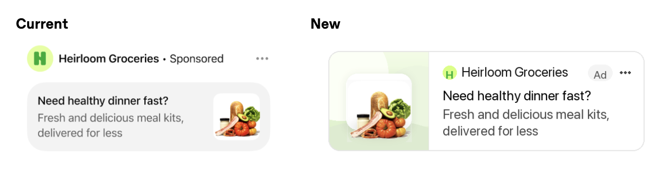 Side-by-side comparison of current and new ChatGPT ad card formats for Heirloom Groceries, showing a grocery image, ad label, and refreshed layout.