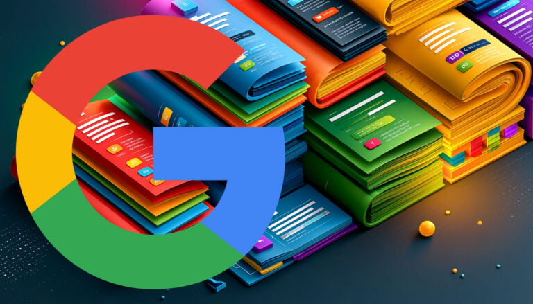 Large Google logo over colorful stacks of digital pages and folders, symbolizing search advertising, web content, and online marketing updates.