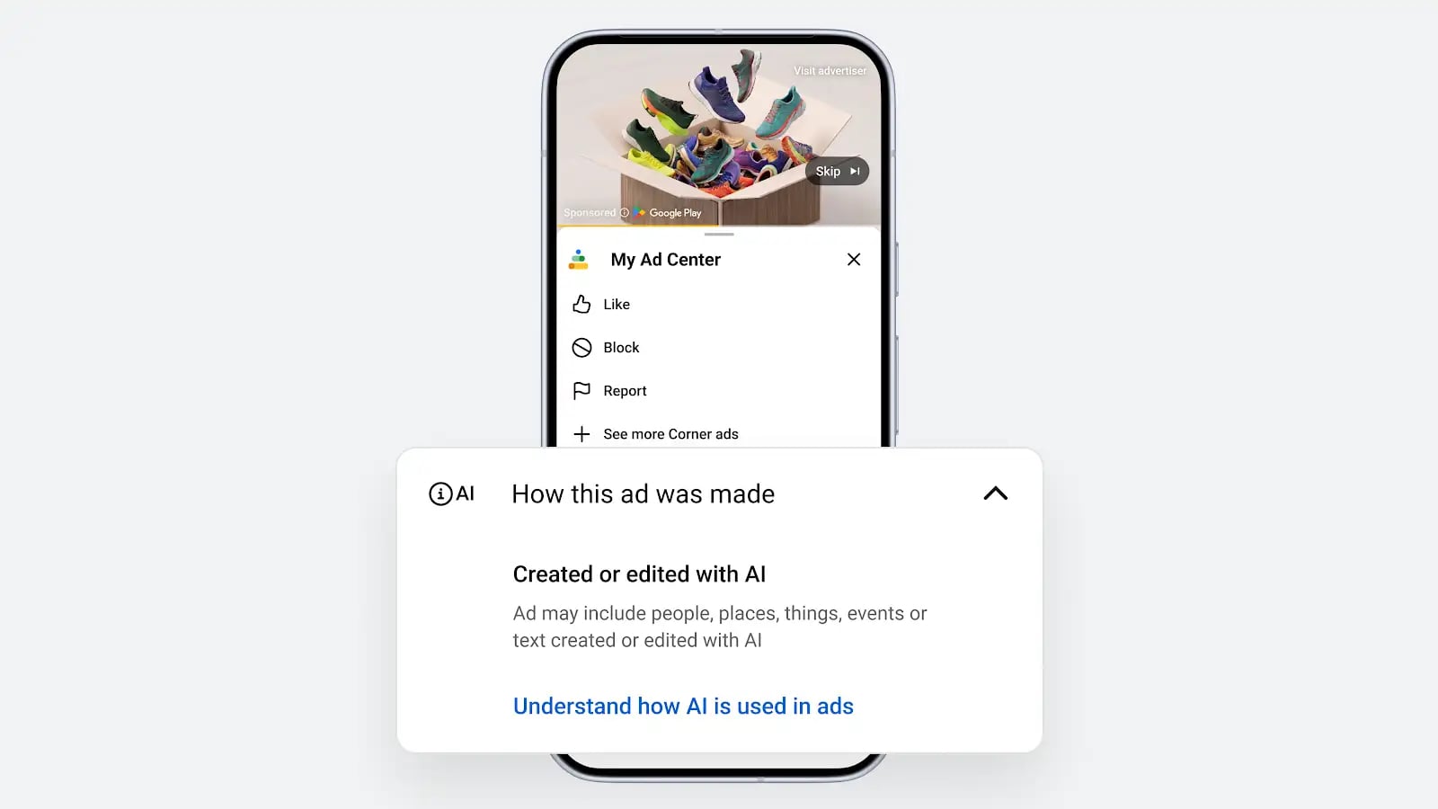 Google My Ad Center screen showing a How this ad was made AI disclosure for an ad created or edited with AI.