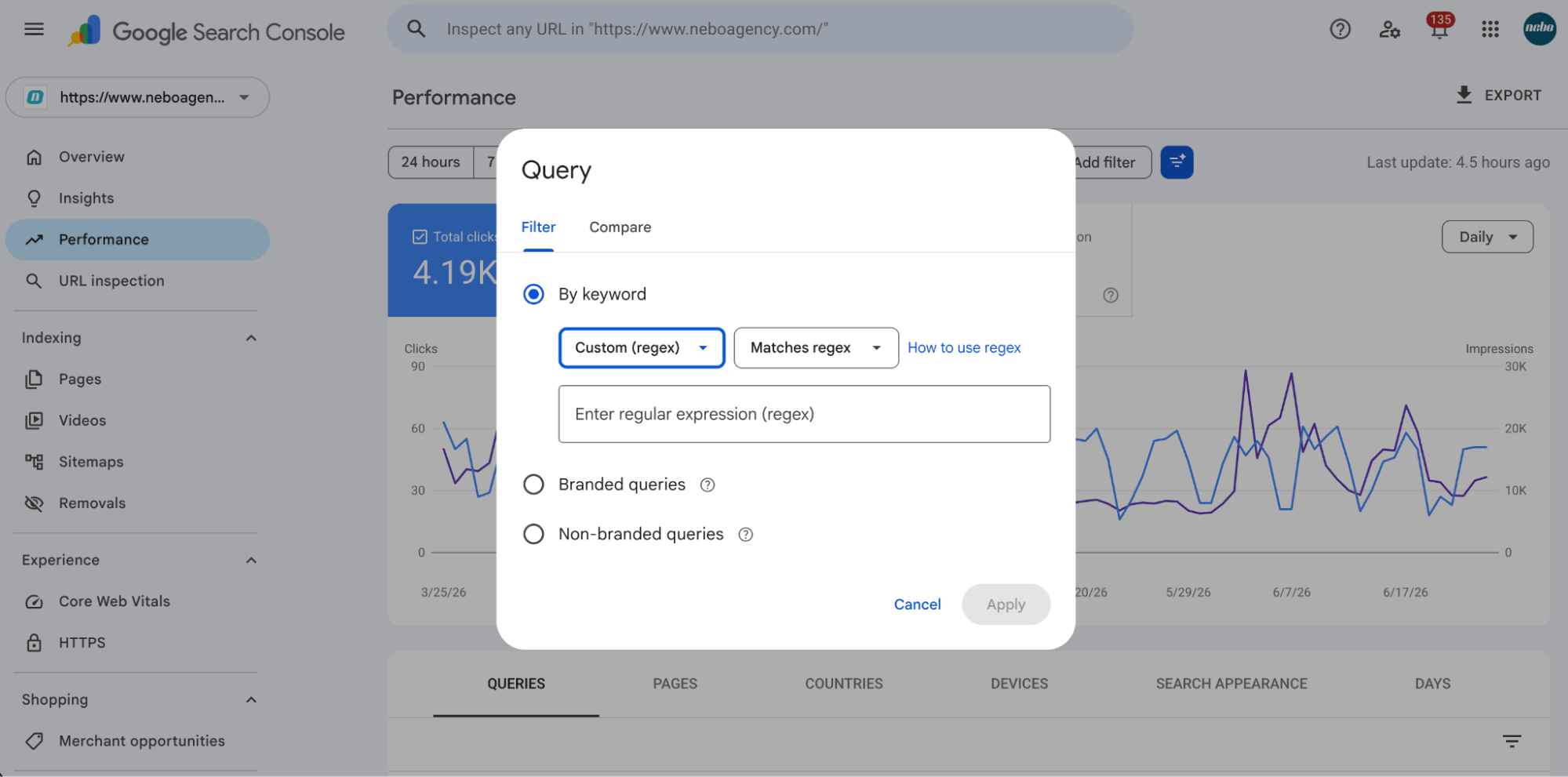 Google Search Console Performance report with the Query filter dialog open, showing a custom regex option for filtering SEO search queries.