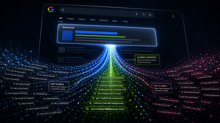 AI analyzes Google Search Console query data, funneling search intents into eligible and not eligible audience groups for SEO action.
