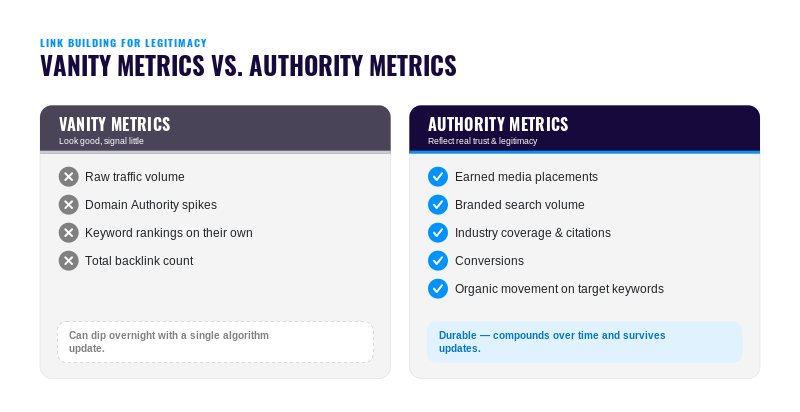 Infographic comparing vanity SEO metrics like traffic and backlinks with durable authority metrics such as media placements, conversions and branded search.
