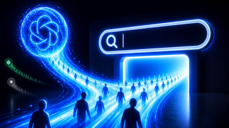 Glowing blue streams of people converge on a search bar and digital portal, symbolizing SEO traffic, AI visibility, and customer acquisition.