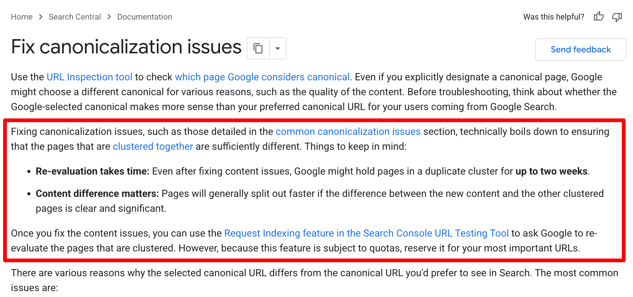Screenshot of Google Search Central’s “Fix canonicalization issues” guide highlighting that duplicate-cluster reevaluation can take up to two weeks.