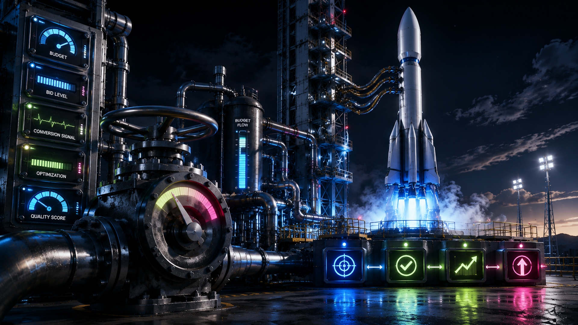 Futuristic rocket launches from an industrial ad campaign control center with gauges for budget, bids, conversions, optimization, and quality score.