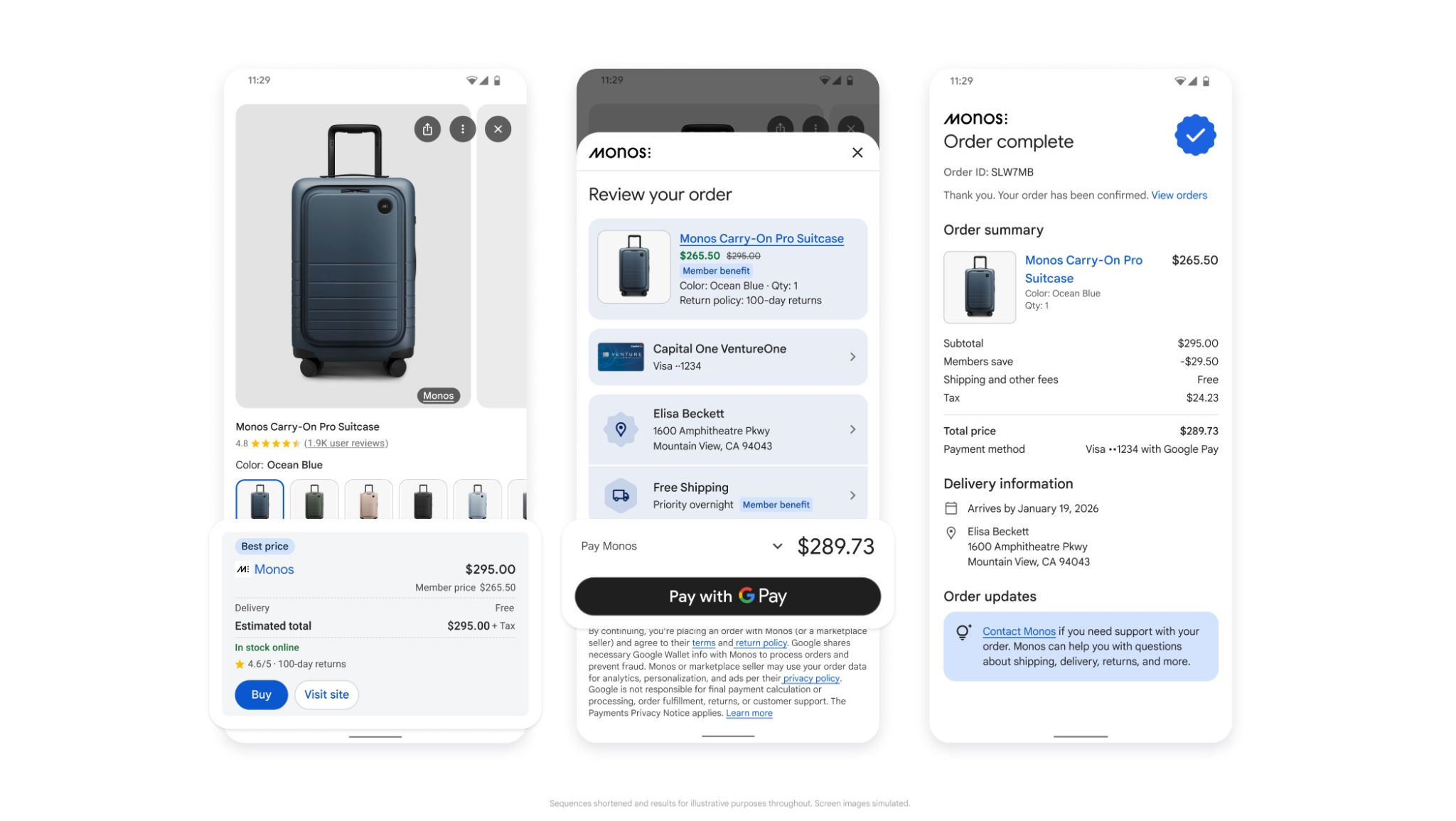 Three mobile screens show a Monos suitcase listing, Google Pay order review, and completed checkout through Google’s Universal Commerce Protocol.
