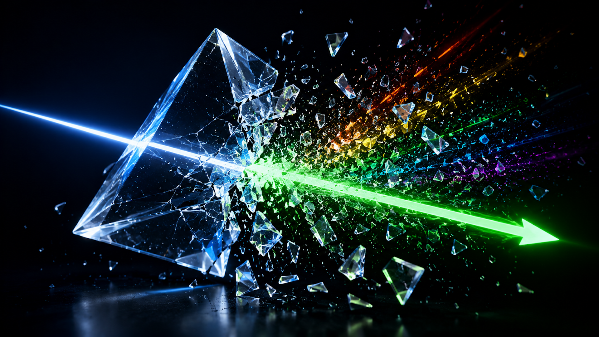 A white light beam strikes and shatters a glass prism, emerging as a green arrow amid rainbow-colored fragments on a dark background.