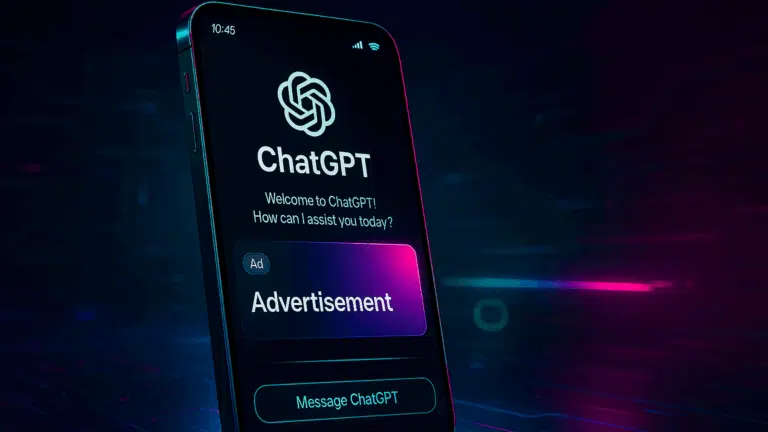 Angled smartphone displaying a ChatGPT screen with an Advertisement card, illuminated by blue and magenta neon light against a dark background.